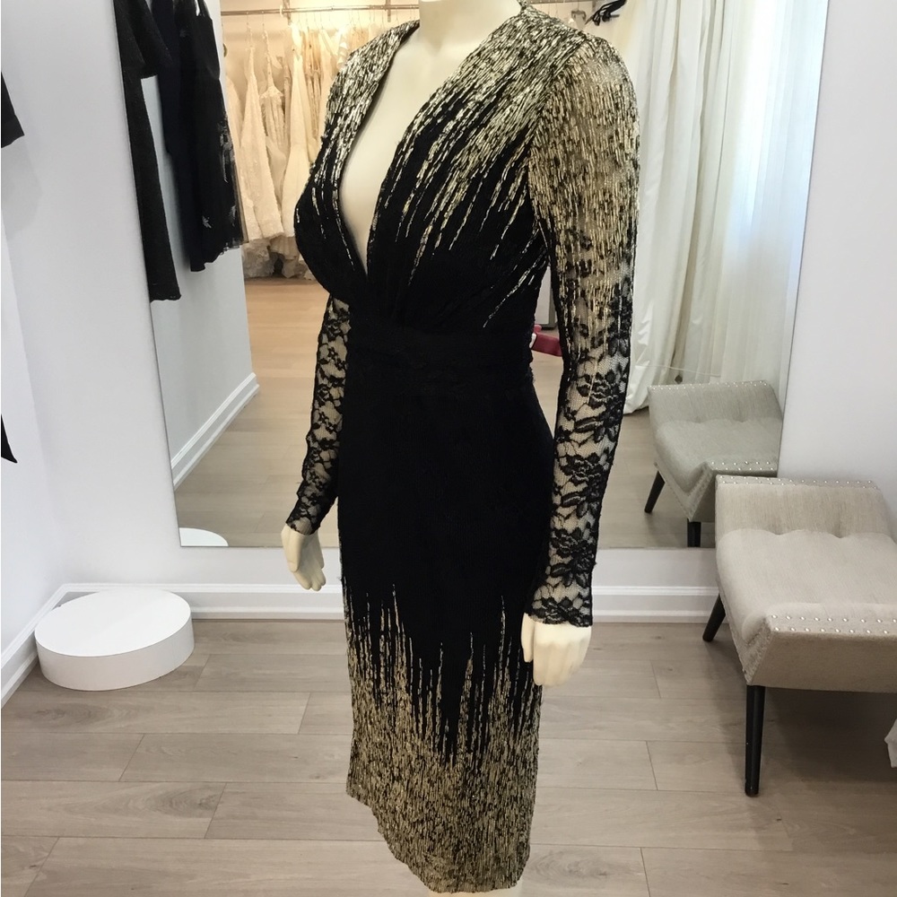 SAMPLE SALE! Tarik Ediz Black and Gold Evening Gown 93862